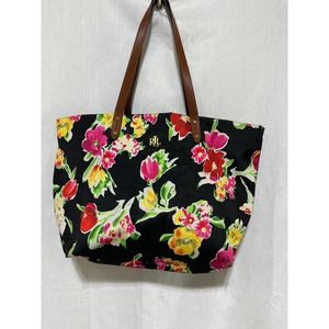 Lauren Ralph Lauren Black Floral Bainbridge Tote with Small Free Cosmetic Pouch